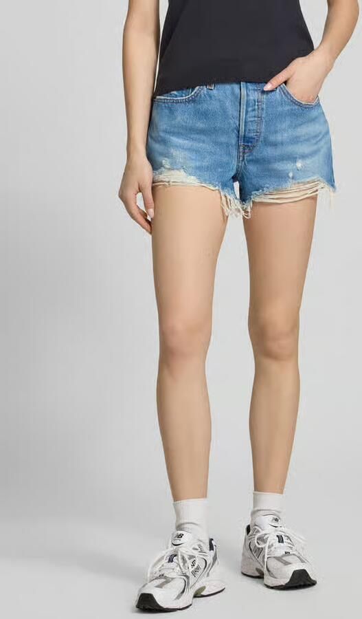 Levi's Blauwe Katoenen Jeans Broek Kort 501 5 Zakken Versleten Effect Logo Blue Dames - Foto 19