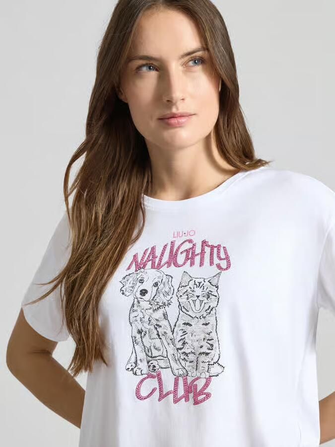 Liu Jo White Regular Fit T-shirt van zuiver katoen met strassteendecoratie