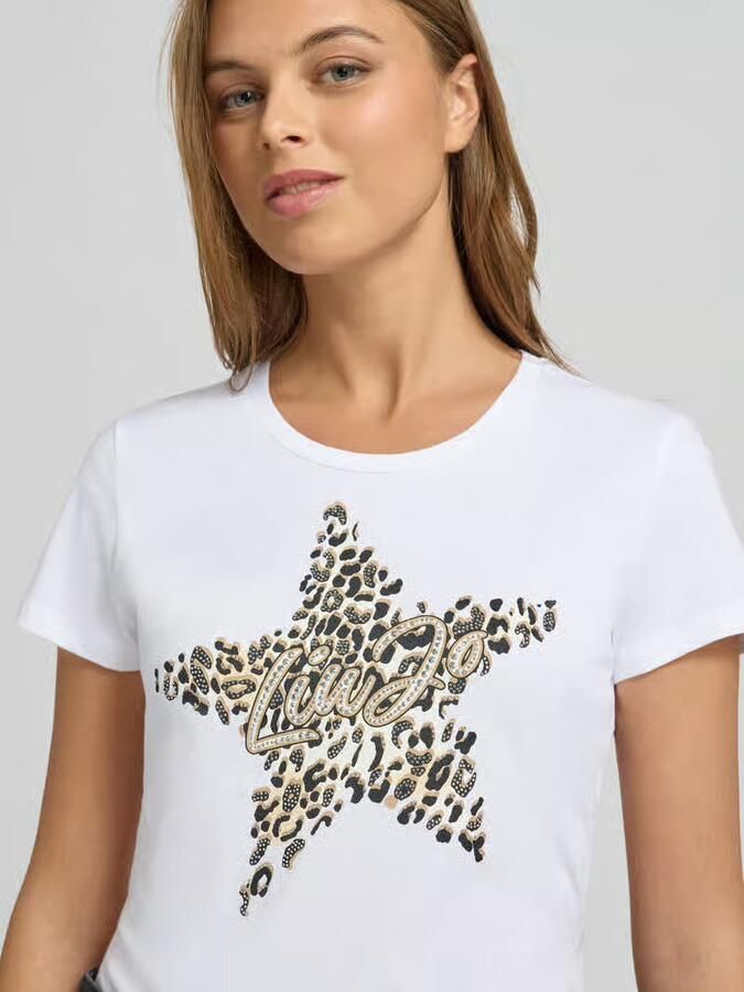 Liu Jo White T-shirt met labelprint en siersteentjes