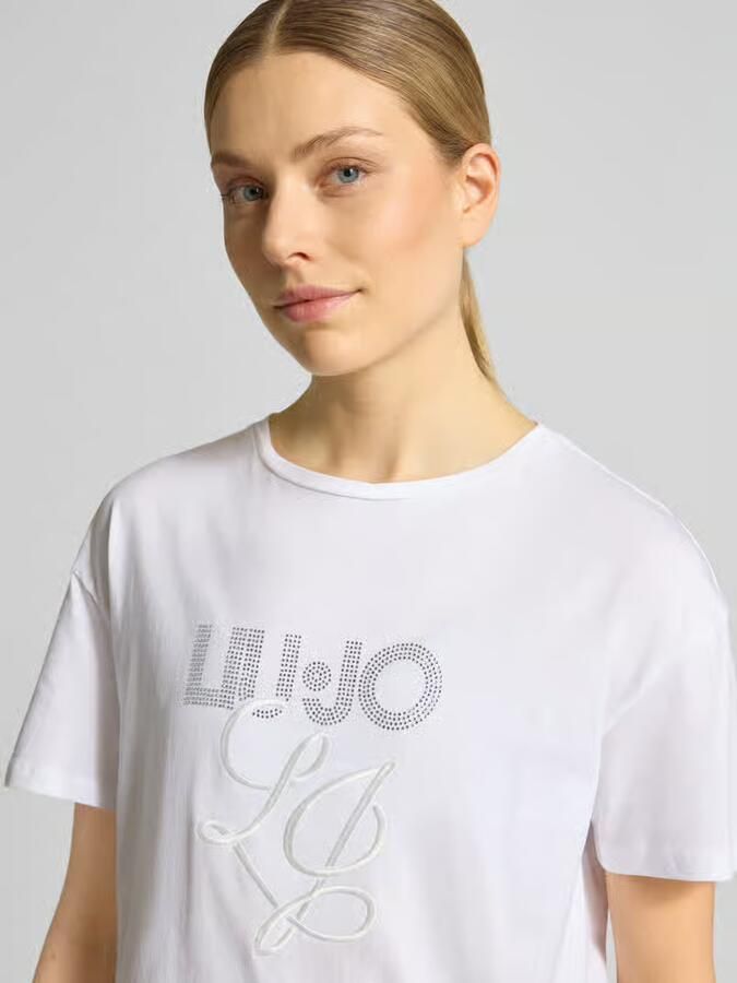 Liu Jo White T-shirt met labelstitching en met siersteentjes