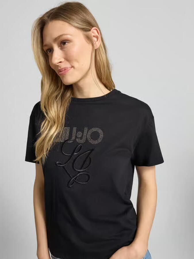 Liu Jo White T-shirt met labelstitching en met siersteentjes
