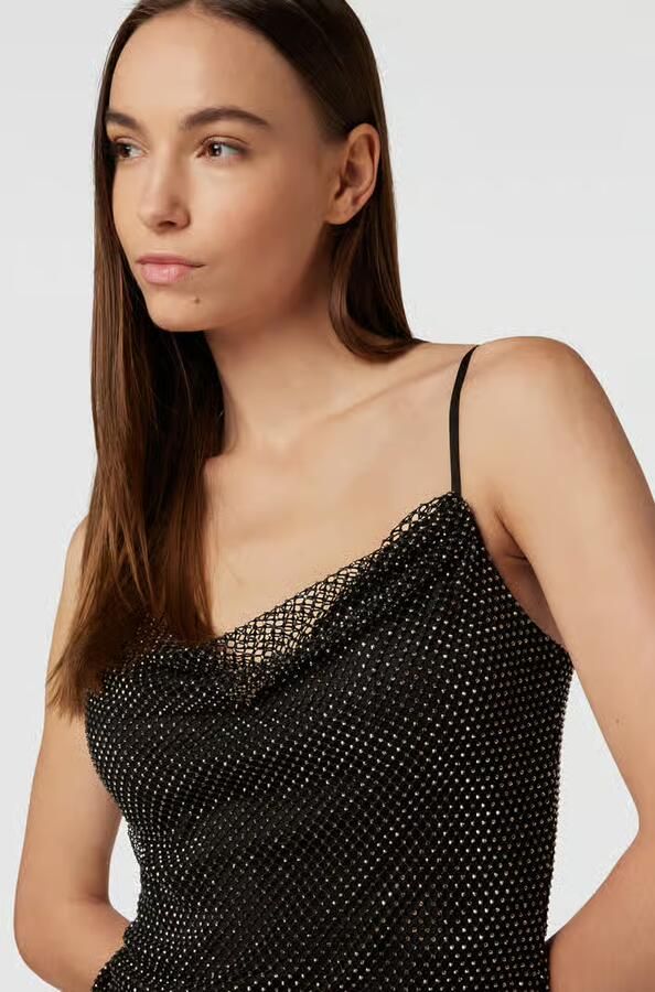 LUXUAR FASHION Knie-lange cocktailjurk van mesh met siersteentjes
