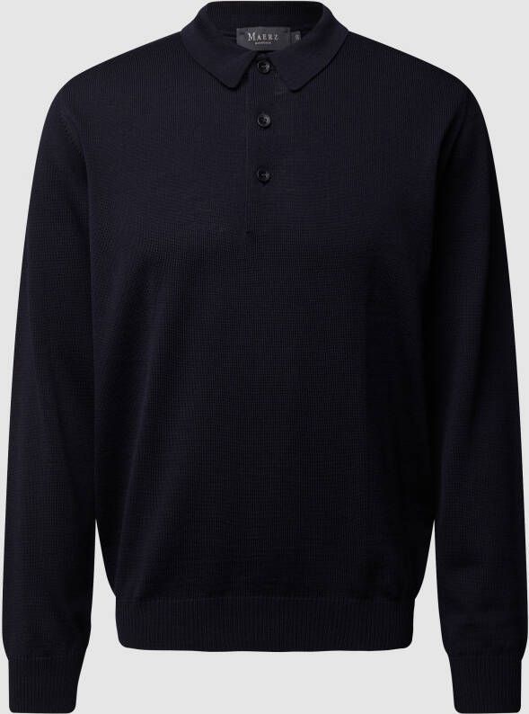 Maerz polo lange mouw donkerblauw merinowol