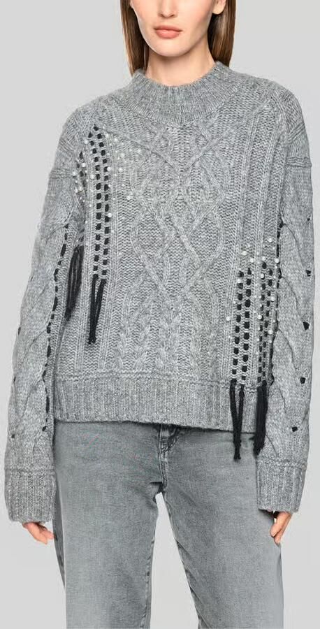 Marc Cain Pullover van mix van wol en alpaca met parelfranjes - Foto 3