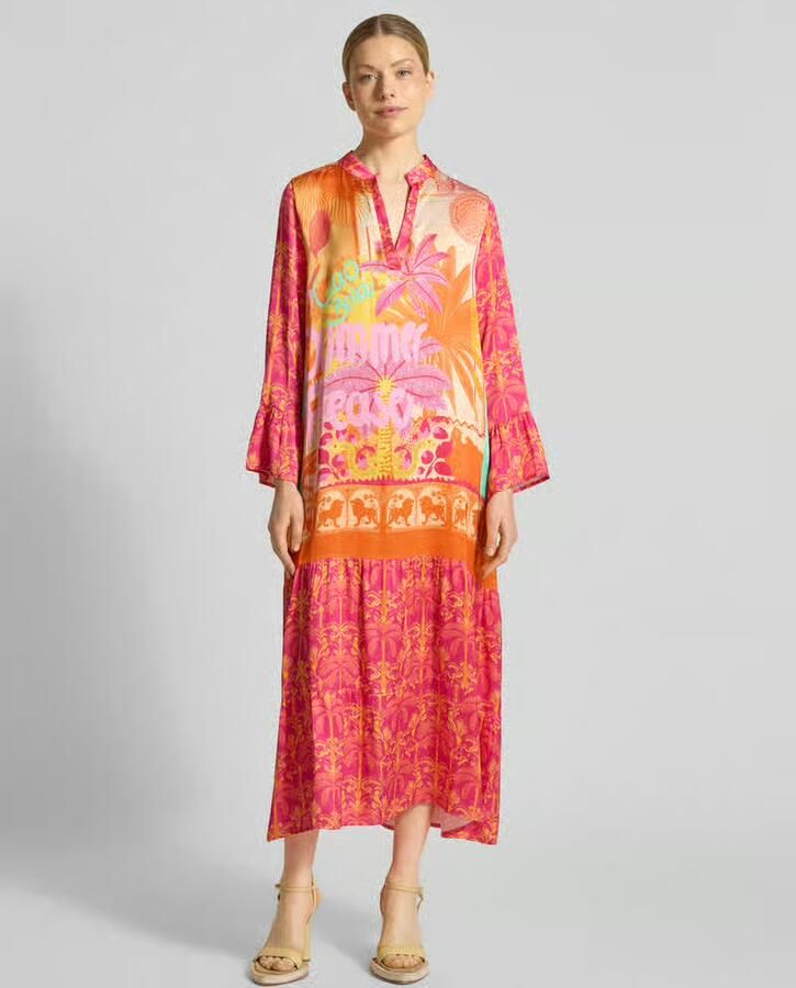 Miss goodlife midi-jurk van viscose met V-hals model 'Orange Palm' - Foto 2