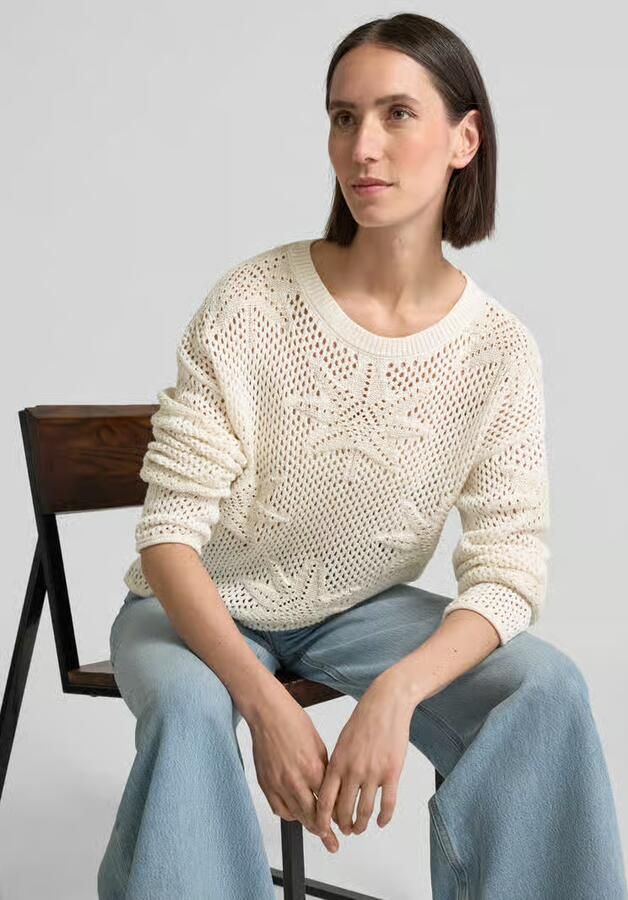 Oui Gebreide pullover met geribde ronde hals