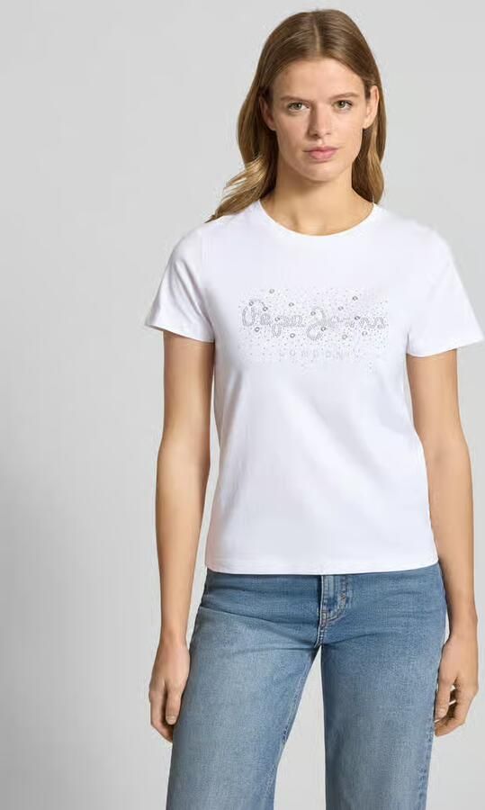 Pepe Jeans T-shirt met siersteentjes van puur katoen model 'BRADY' - Foto 3