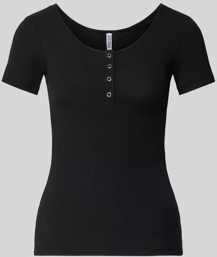 Pieces Slim fit T-shirt van katoenmix met kort drukknooppaneel model 'KITTE' - Foto 4