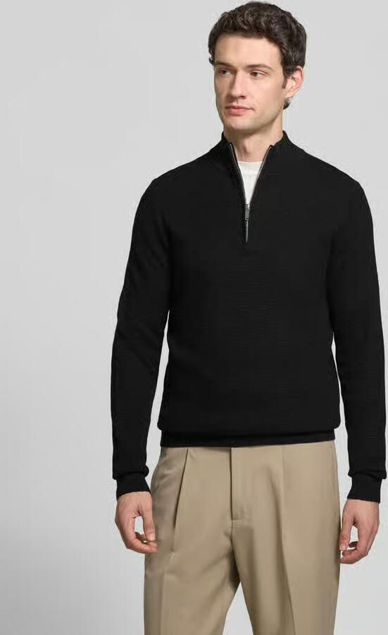 Profuomo Slim fit gebreide pullover van katoenmix met schipperskraag - Foto 2