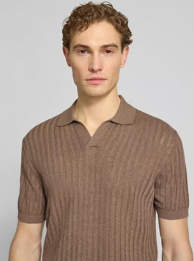 Profuomo slim fit poloshirt van mix van katoen en linnen