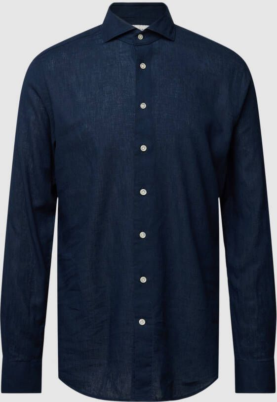 Profuomo gemêleerd slim fit overhemd met linnen navy