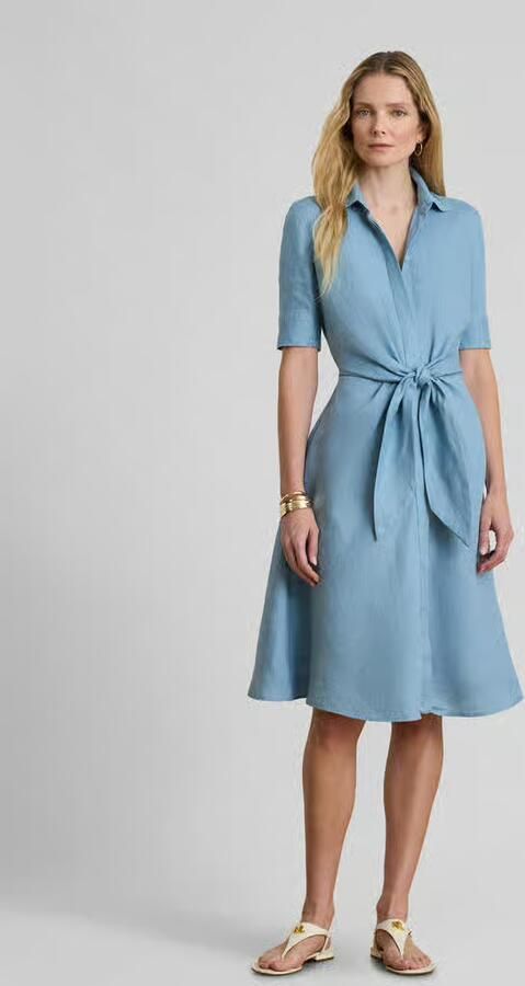 Lauren Ralph Lauren Knie-lange linnen jurk met strikceintuur model 'WAKANA' - Foto 2