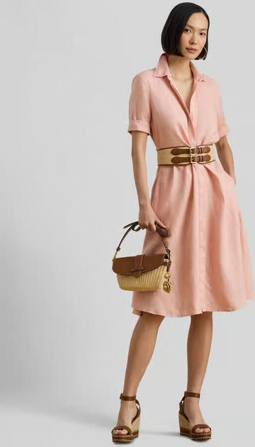 Lauren Ralph Lauren Knie-lange linnen jurk met strikceintuur model 'WAKANA' - Foto 2