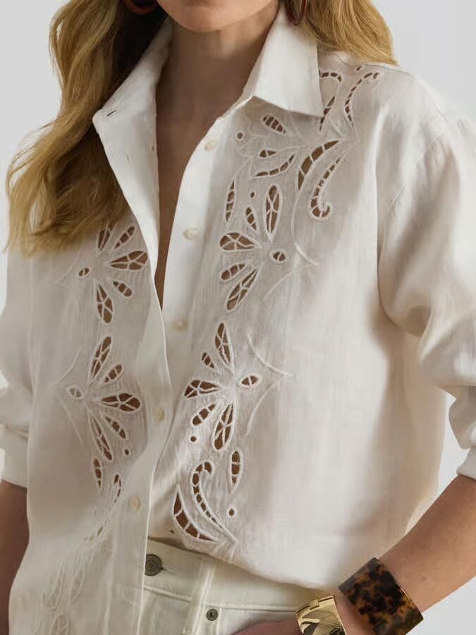 Lauren Ralph Lauren relaxed fit blouse met lange mouwen met ajourwerk