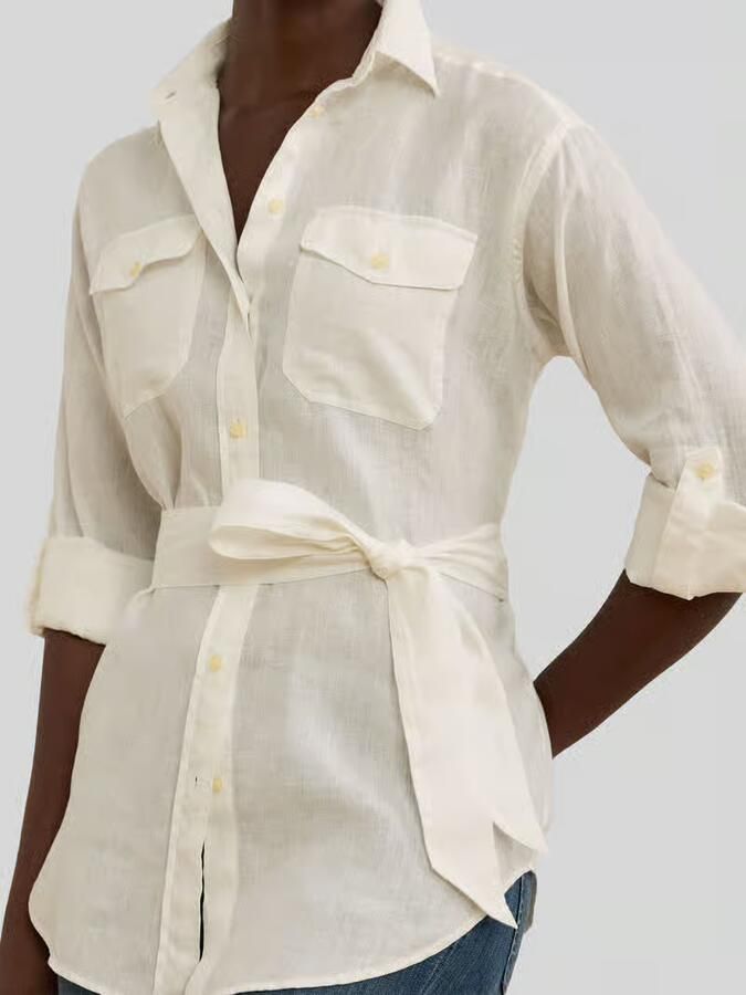 Lauren Ralph Lauren Regular fit linnen blouse met lange mouwen en strikceintuur model 'CHADWICK'