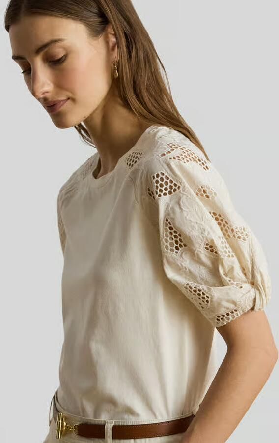 Lauren Ralph Lauren relaxed fit T-shirt van puur katoen met mouwen van broderie