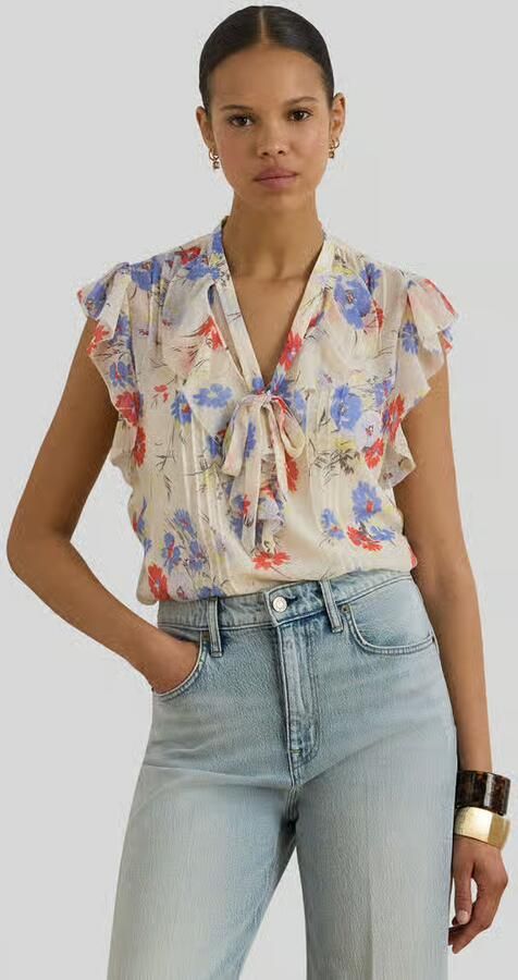 Lauren Ralph Lauren shaped fit blouse met officierskraag en materiaalgelijke strik - Foto 4