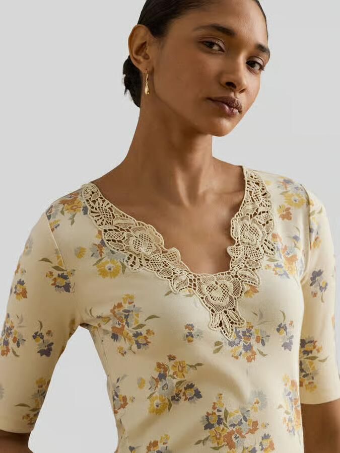 Lauren Ralph Lauren slim fit T-shirt van katoenmix met kant
