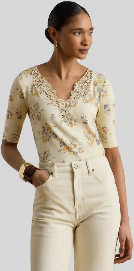 Lauren Ralph Lauren slim fit T-shirt van katoenmix met kant - Foto 2