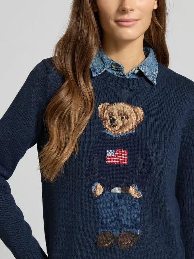 Polo Ralph Lauren Regular fit gebreide pullover van een mix van katoen en linnen met beermotief