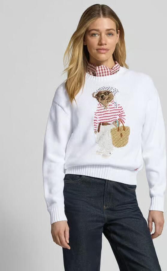 Polo Ralph Lauren regular fit gebreide pullover van mix van katoen en linnen met beer-intarsiën - Foto 3