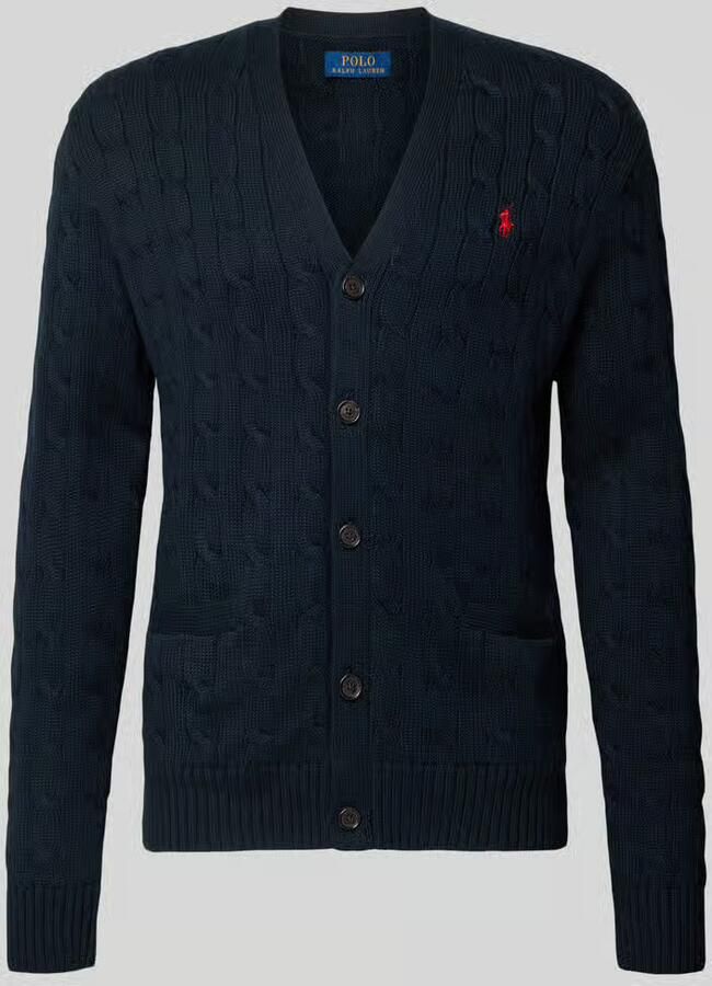Ralph Lauren Kabelgebreide V-Hals Cardigan met Pony Borduursel Blue Dames
