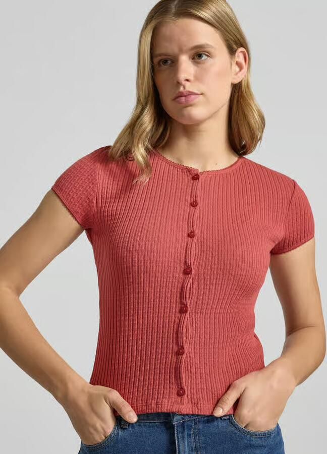 REVIEW slim fit T-shirt met doorlopende knoopsluiting model 'AJOUR'