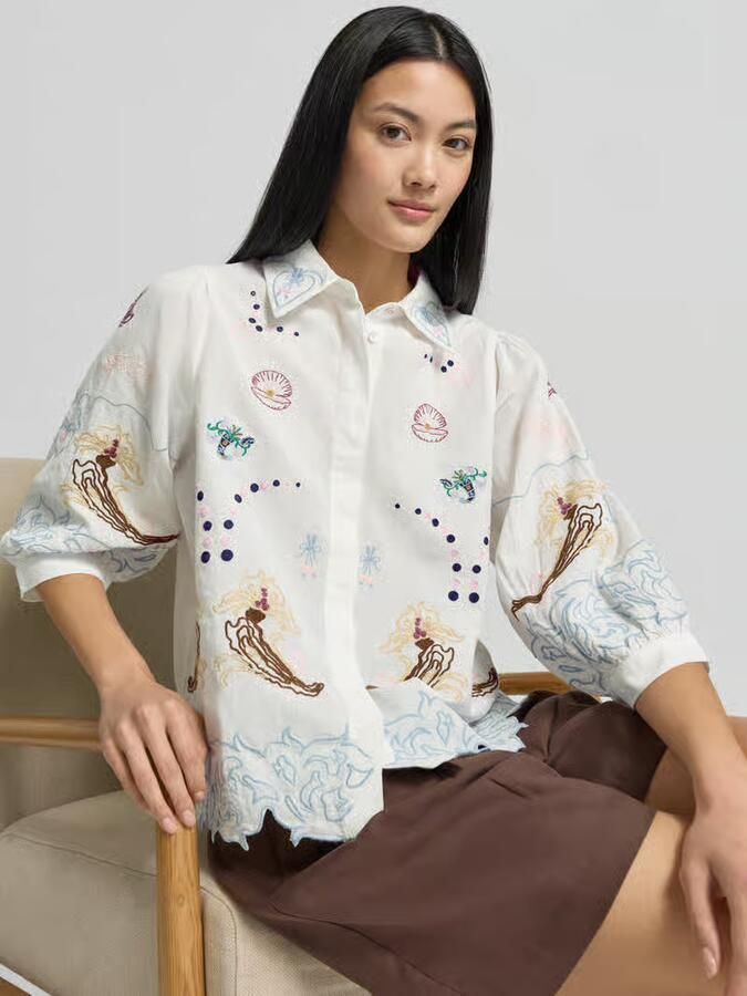 Rich & Royal regular fit blouse van mix van katoen en linnen met stitchings - Foto 2