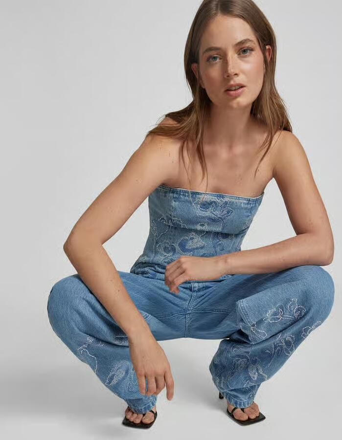 Rotate Birger Christensen Indigo Blue Denim Jurk met Bloemenborduursel Blue Dames - Foto 3
