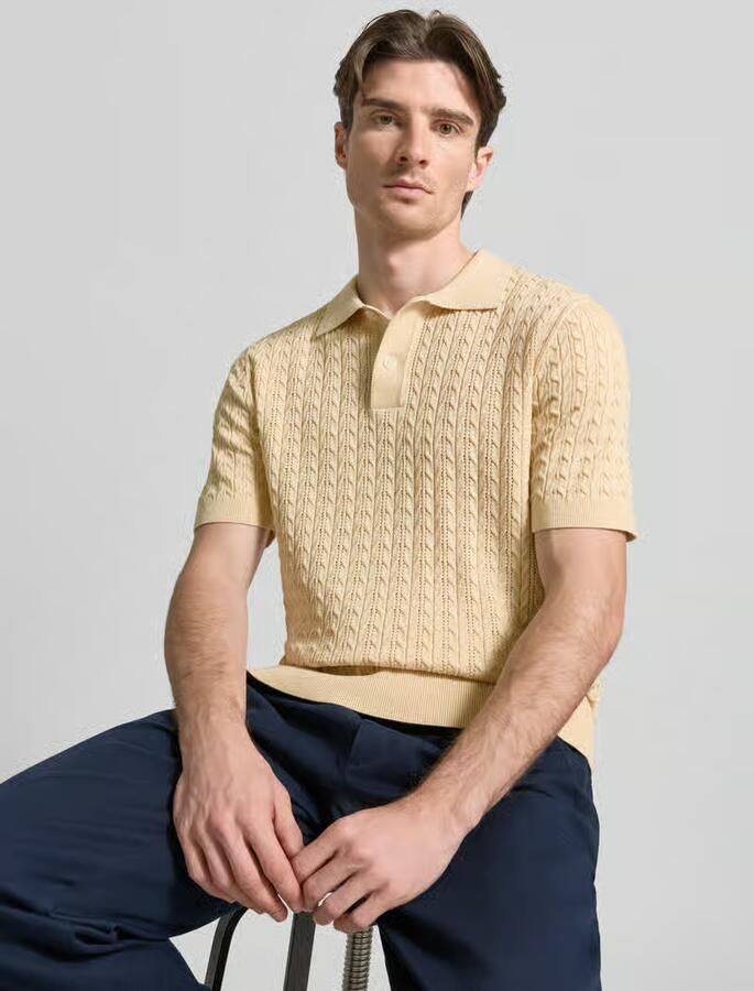 SELECTED MEN Heren Polo's & T-shirts Slhmattis Ss Knit New Cable Polo Ecru - Foto 5