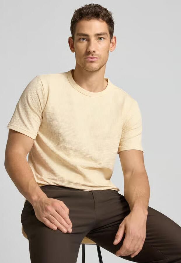 SELECTED MEN Heren Polo's & T-shirts Slhsander Seersucker Ss O-neck Tee Creme - Foto 5