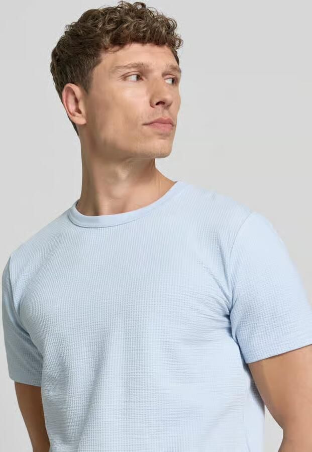 SELECTED MEN Heren Polo's & T-shirts Slhsander Seersucker Ss O-neck Tee Lichtblauw - Foto 5