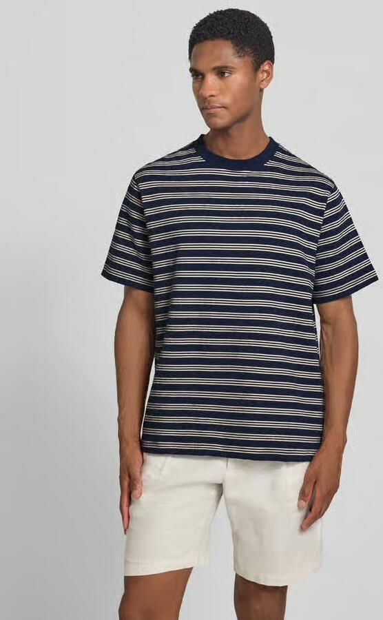 Selected regular gestreept T-shirt seersucker donkerblauw - Foto 3