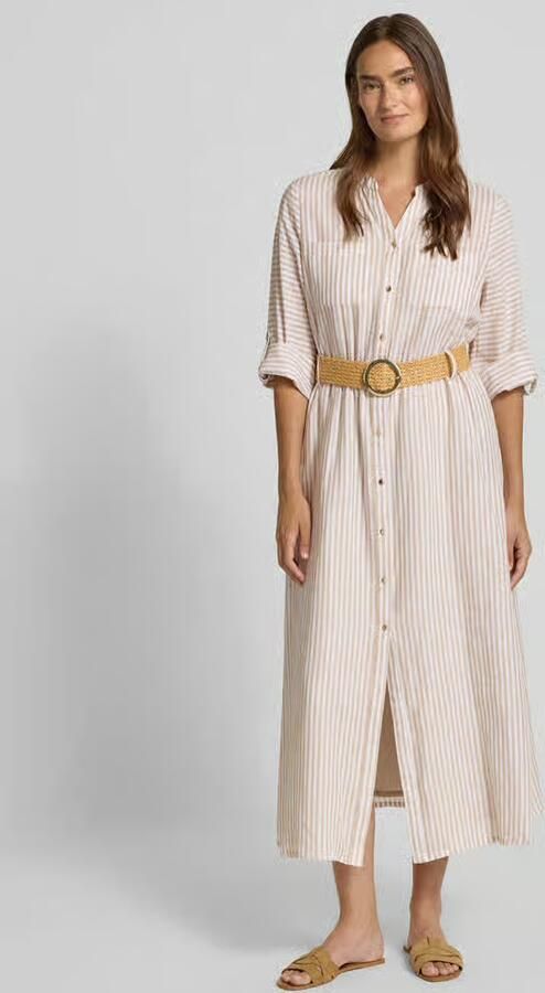 S.Oliver BLACK LABEL gestreepte midi blousejurk met driekwart mouwen en linnen beige - Foto 5