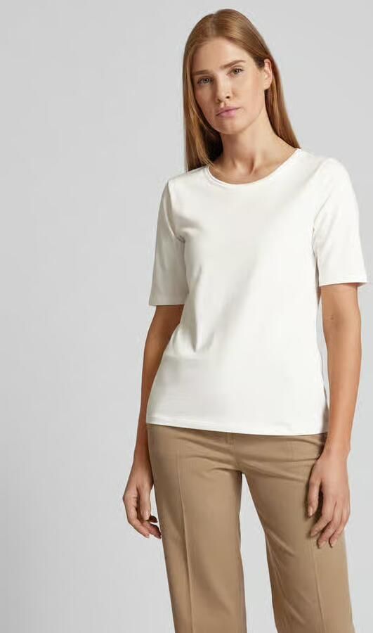 S.Oliver BLACK LABEL Shaped fit T-shirt van katoenmix met satijngarnering op de hals - Foto 2