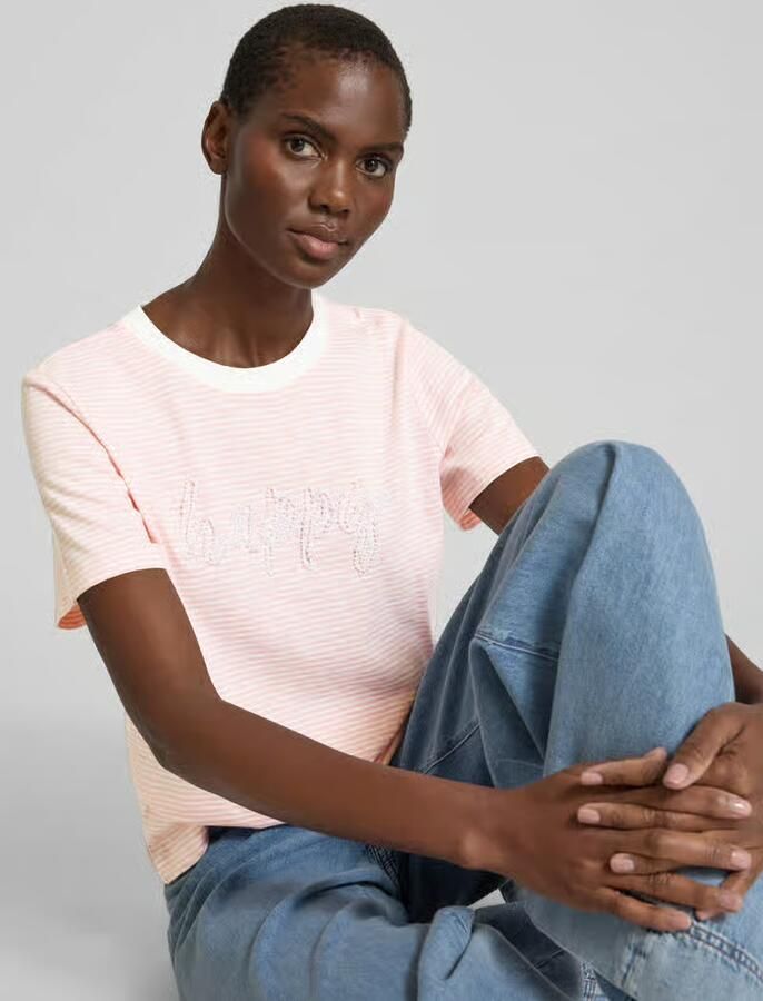 S.Oliver RED LABEL Regular fit T-shirt van puur katoen met tekst in sierkralen