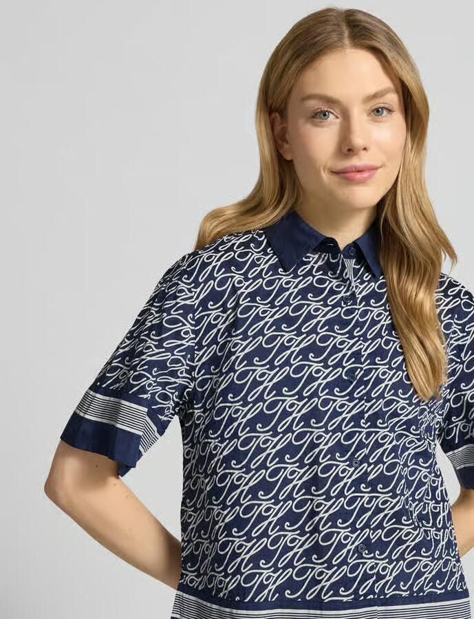 Tommy Hilfiger loose fit blouse met korte mouwen van mix van katoen en zijde model 'TH SCRIPT PREPPY NAVY'