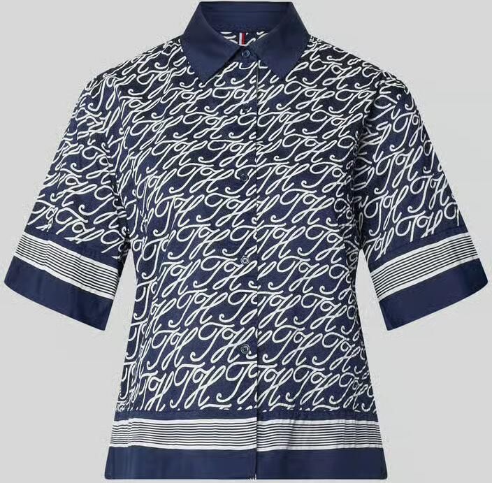 Tommy Hilfiger loose fit blouse met korte mouwen van mix van katoen en zijde model 'TH SCRIPT PREPPY NAVY' - Foto 2