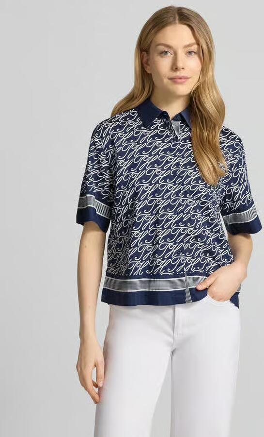 Tommy Hilfiger loose fit blouse met korte mouwen van mix van katoen en zijde model 'TH SCRIPT PREPPY NAVY' - Foto 3