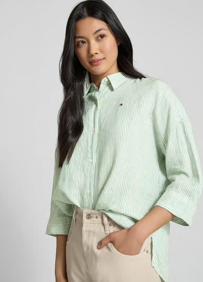 Tommy Hilfiger Shirt met 3 4 mouwen ESS LINEN LOOSE 3-4 SLEEVE SHIRT met 3 4-mouwen logo-borduurwerk koel premium linnen