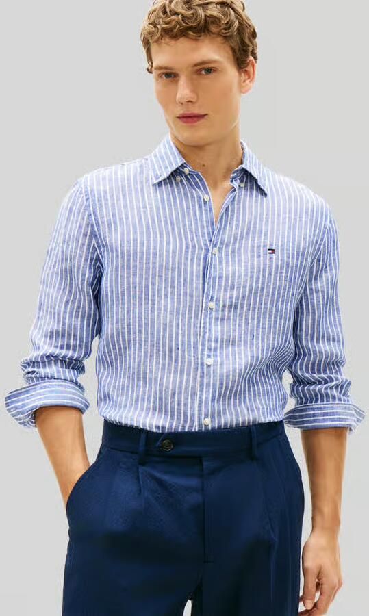 Tommy Hilfiger regular gestreept casual overhemd met linnen blauw - Foto 5