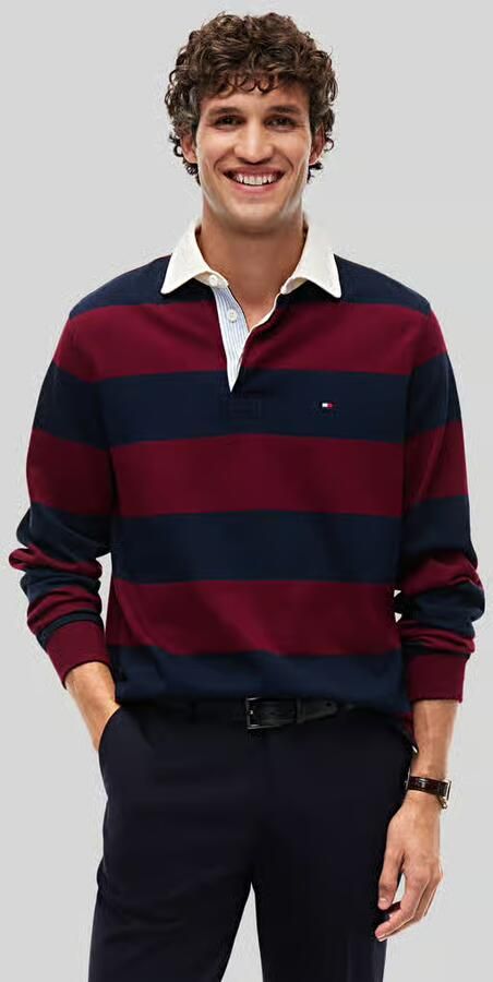 Tommy Hilfiger Rugby regular fit gestreepte sweater bordeaux donkerblauw - Foto 5