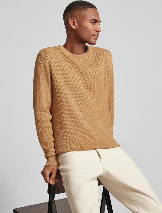 Tommy Hilfiger Bruine Crewneck Sweater Visgraatpatroon Brown Heren
