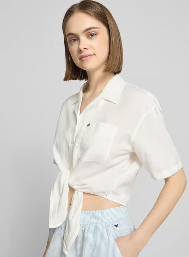 Tommy Jeans regular fit linnen blouse van mix van linnen met strikdetail - Foto 5