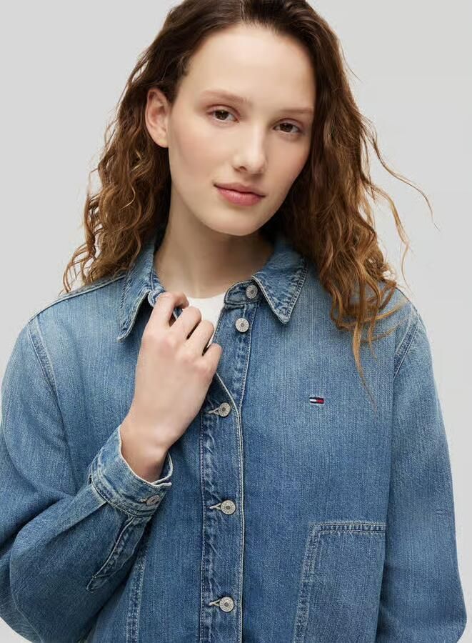 Tommy Jeans relaxed fit jeansjack van mix van katoen en linnen met tunnelkoord