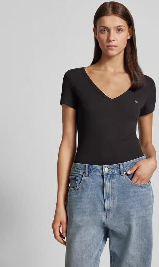 Tommy Jeans Slim Geribbelde Katoenen Stretch T-Shirt Black Dames - Foto 2