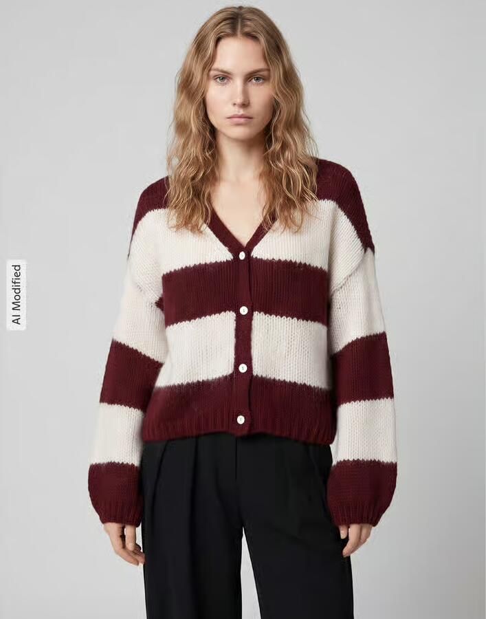 VERO MODA gebreid gestreept vest donkerrood ecru - Foto 5