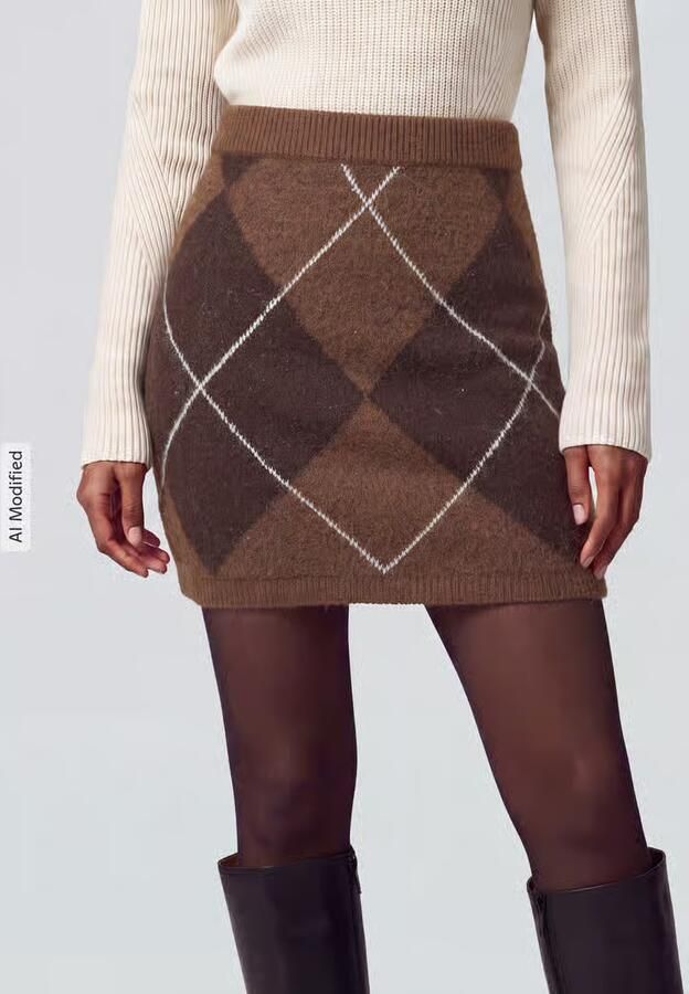 VERO MODA gebreide geruite korte rok bruin - Foto 5