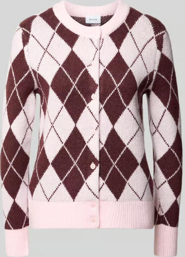 VILA gebreid geruit jacquard vest lichtroze donkerrood - Foto 4