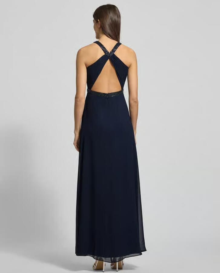Vera Mont satijnen halter maxi jurk met open rug donkerblauw